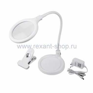 Фотография товара 'Rexant Лупа настольная 3D с подсветкой 30 SMD LED, подставка+прищепка, ø95мм, белая 31-0247'
