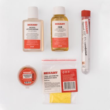 Фотография товара 'Rexant 09-3745 Набор К5 для пайки универсальный (припой, губка, канифоль, флюс СКФ, флюс ОК)'