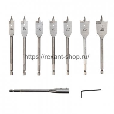 Фотография товара 'Rexant Набор сверл перовых по дереву 9 предметов: 14-16-18-20-22-25-30х152 мм, удлинитель, ключ угловой, 91-0762'