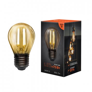 Фотография товара 'Rexant Лампа филаментная Шарик GL45 9.5 Вт 950 Лм 2400K E27, 604-138'