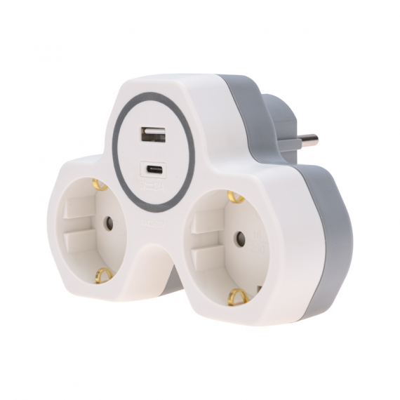 Фотография товара 'Rexant 11-1253 Двойник электрический (разветвитель) 16А с/з + USB-A + USB-C'