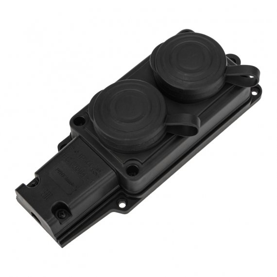 Фотография товара 'Rexant 111-112-4 Колодка каучуковая 2 гнезда с крышкой черная, с/з, 16А, IP44'