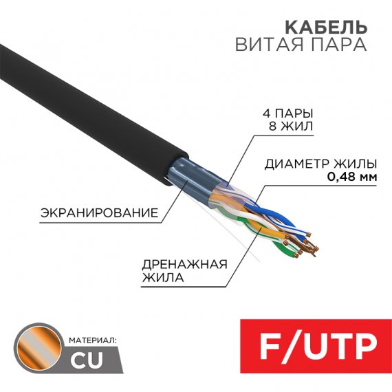 Фотография товара 'Rexant 01-0154-R Кабель витая пара F/UTP, CAT 5e, PE, 4PR, 24AWG'