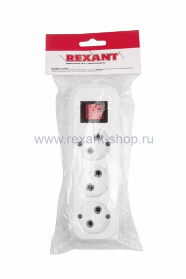 Фотография товара 'Rexant Колодка 3 гнезда с кнопкой без заземления 11-8705'