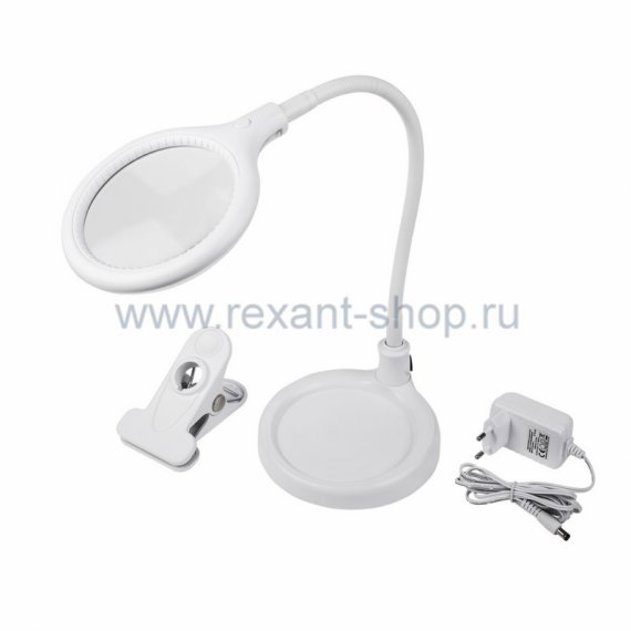 Фотография товара 'Rexant Лупа настольная 3D с подсветкой 30 SMD LED, подставка+прищепка, ø95мм, белая 31-0247'