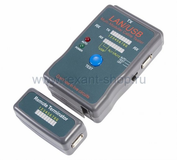 Фотография товара 'Rexant Тестер кабеля "универсальный" RJ-45+RJ-11+RJ-12+USB (HY-251454CT) 12-1011'