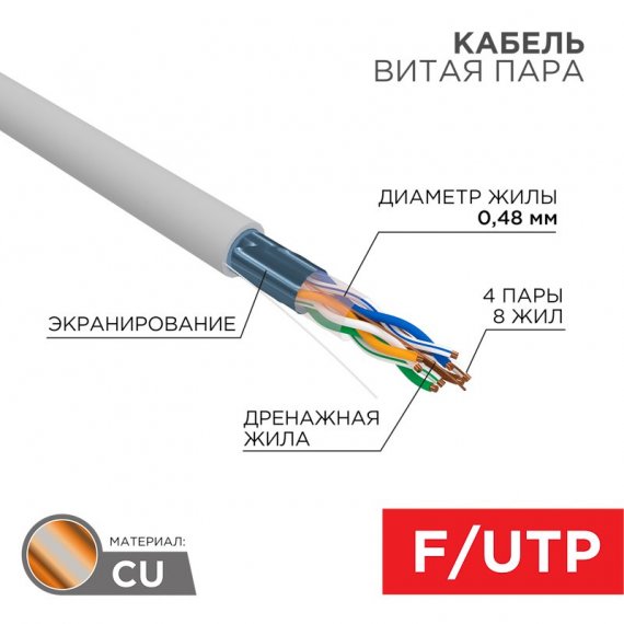 Фотография товара 'Rexant 01-0152-R Кабель витая пара F/UTP, CAT 5е, PVC, 4PR, 24AWG'