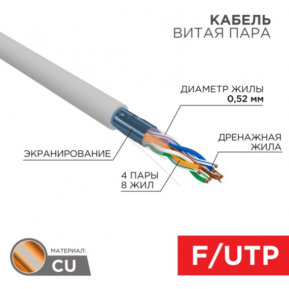 Фотография товара 'Rexant 01-0141-R Кабель витая пара F/UTP, CAT 5e, PVC нг(А)-LS, 4х2х0,52мм'