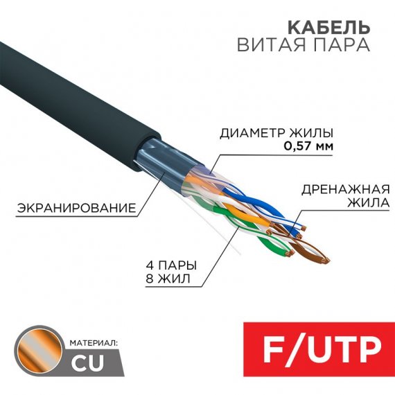 Фотография товара 'Rexant 01-0158 Кабель витая пара F/UTP, CAT 6, PE, 4PR, 23AWG'