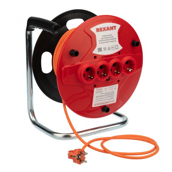 Фотография товара 'Rexant Удлинитель-шнур на катушке ПВС 3х1.0, 30 м, 4 гнезда, с/з, 10 А, 2200 Вт, IP20, 11-7084'