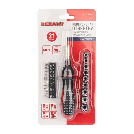 Фотография товара 'Rexant Набор головок и бит с реверсивной отверткой, 21 предмет, 12-6075'
