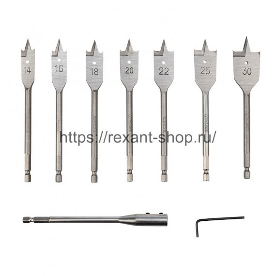 Фотография товара 'Rexant Набор сверл перовых по дереву 9 предметов: 14-16-18-20-22-25-30х152 мм, удлинитель, ключ угловой, 91-0762'