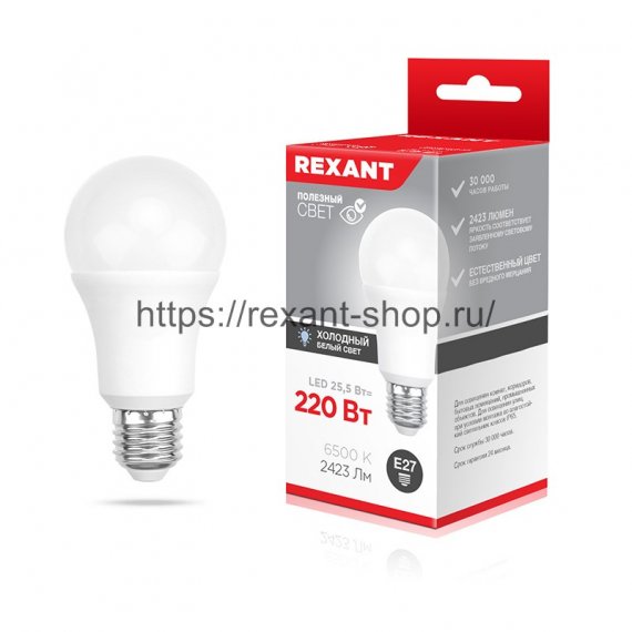 Фотография товара 'Rexant Лампа светодиодная Груша A60 25,5 Вт E27 2423 Лм 6500 K, 604-202'