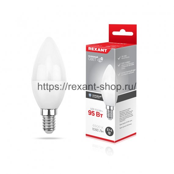 Фотография товара 'Rexant Лампа светодиодная Свеча (CN) 11,5 Вт E14 1093 Лм 6500 K, 604-205'
