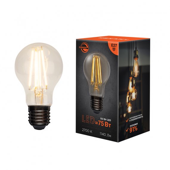 Фотография товара 'Rexant Лампа филаментная Груша A60 9.5 Вт 1140 Лм 2700K E27 диммируемая, 604-074'