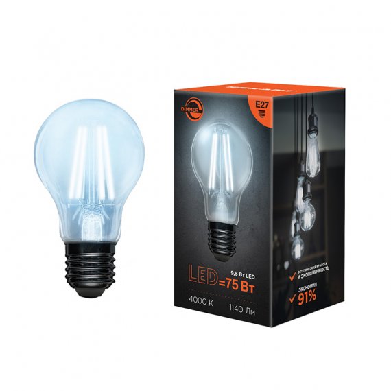 Фотография товара 'Rexant Лампа филаментная Груша A60 9.5 Вт 1140 Лм 4000K E27 диммируемая, 604-075'