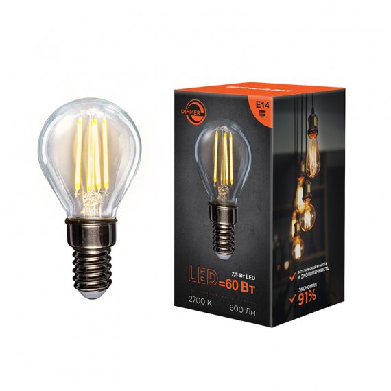 Фотография товара 'Rexant Лампа филаментная Шарик GL45 7.5 Вт 600 Лм 2700K E14 диммируемая, 604-125'
