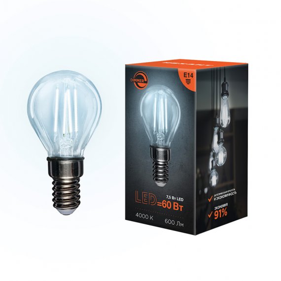 Фотография товара 'Rexant Лампа филаментная Шарик GL45 7.5 Вт 600 Лм 4000K E14 диммируемая, 604-126'